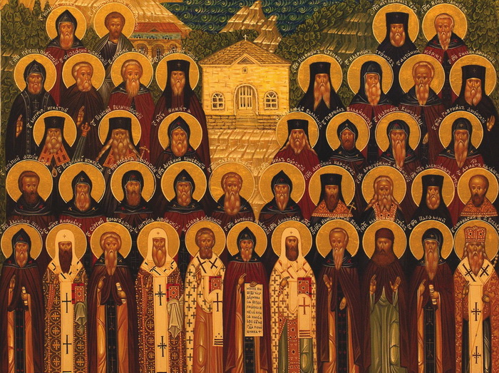 Почитаемые русские святые. Икона преподобных отцов Пантелеимонова монастыря.